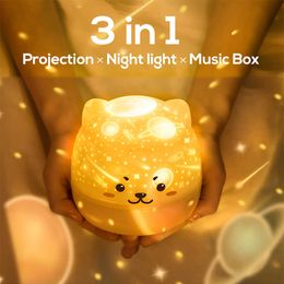 Night Lights Cute Bear LED Night Lamp Starry Children Music Projector Lamp USB Rechargeable Rotate Light For Kids Bedside Bedroom Decoration P230331