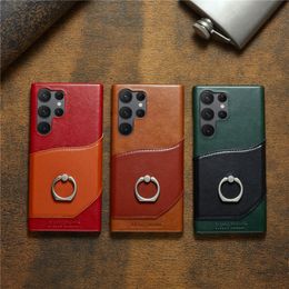 Genuine Leather Vogue Phone Case for iPhone 14 13 12 11 Pro Max Samsung Galaxy S23 Ultra S22 Plus S21 Card Slot Wallet Clutch Bracket Shell with Finger Ring Holder