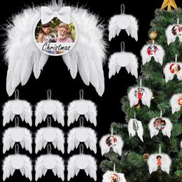 Christmas Decorations 12set White Angel Wings Christmas Tree Decor Hanging Ornament Wedding Party Feather Wing with Blank Thermal Sublimation Plate 231101