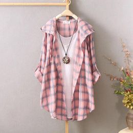 Women's Blouses Pink Hoodied Plaid Shirt Youth Ladies Single-breasted Tops Woman Shirts 2023 Blouse Spring Clothing A643