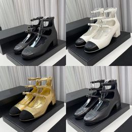 2023 designer luxury Round toe heel sandals classic fashion womens genuine leather Black/white/Golden metal buckle anklet decoration sandal lady Square heels shoes