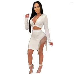 Work Dresses Babatique 2023 Fashion Winter Long Sleeve White 2 Pieces Set Sexy Ladies Designer Tassel Party Women's