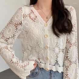 Women's T Shirts Women Flare Long Sleeve Crochet Cardigan V-Neck Open Front Button Loose Sweater Coat Hollow Out Knitted Floral Vintage