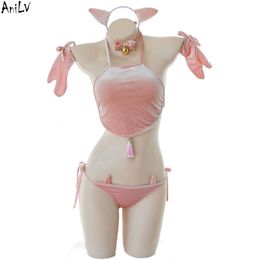 Ani Cute Girls Pink Little Pig Swimsuit Uniform Costume Bell Tassel Backless Swimwear Pool Party Cosplay Clothes cosplay