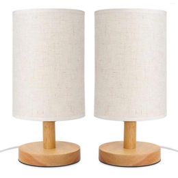 Table Lamps 2X Round Bedside Lamp Nightstand With Fabric Shade And Solid Wood For Bedroom Living Room Modern Office