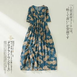 Party Dresses 2023 Arrival Thin Light Soft Cotton Lienn Fashion Summer Dress Print Floral Vintage Lady Work Women Casual Midi