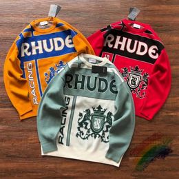 Men s Jackets 23FW Rhude Knitted Sweater Men Women High Quality Oversized Colour Matching Jacquard Sweatshirts 231101