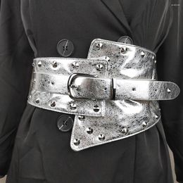 Belts SISHION 2023 Punk Retro Rivet Bright Leather Belt VD4155 Women Corset Silver Elastic Wide Waist