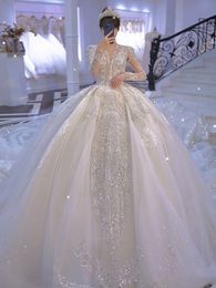 New Dubai Princess Ball Gown Wedding Dress Beaded Sequined V Neck Plus Size Long Sleeve Crystal Sweep Train Bridal Beach Country Bride Gowns 403