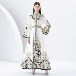 Women Paisley Floral Maxi Dress With Belt Designer Flare Sleeve Vintage Elegant Fit Vacation Party Dresses Robe 2023 Autumn Winter Stand Collar Slim Runway Frocks