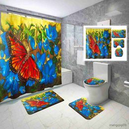 Shower Curtains Pcs Oil Painting Butterfly Shower Curtain Sets with and Non-slip Bath Mat Art Shower Curtain Set R231101