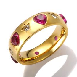Wedding Rings Trendy Luxury Pink Love Heart Zircon Star CZ Crystal Gold Colour Ring For Women Fashion Stainless Steel Jewellery Gift 231101