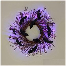 Decorative Flowers Wreaths Decorative Flowers Halloween Wreath Ornaments Illuminated Black Bat Pendant Garland For Front Door Party Dhyyv