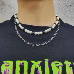 Chains IngeSight.Z Multi-layer White And Black Imitation Pearls Necklace For Women Men Hip Hop Metal Beads Line Chain Jewelry