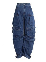 Women s Jeans Multi pocket personality design solid Colour y2k baggy jean high street hip hop wide leg casual straight high waisted jean 231101