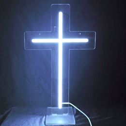 Night Lights Neon Light Sign Cross 12''X8'' White Light Custom Name Beer Bar Home Decor Open Store Lamp Display 5V USB With Dimmer P230331