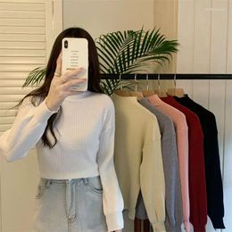 Women's Sweaters Bubble Long Sleeves Pullovers Mid Neck Tees Black Knit Shirt Tshirt Outerwear Sueter Mujer Rib Y2k Clothes Red Jumper