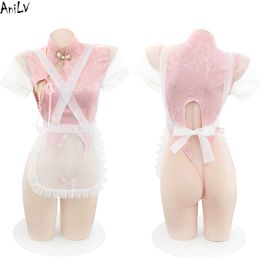 Ani Pink Girl One-piece Cheongsam Maid Uniform Costume Cosplay Women Sexy Qipao Bodysuit Pamas Lingerie cosplay