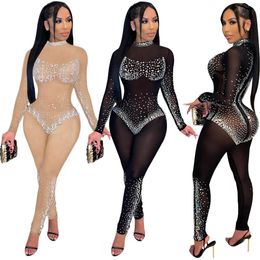 Designer strass diamanti tute donna manica lunga bodycon pagliaccetti sexy vedere attraverso tute a rete party night club wear abbigliamento all'ingrosso 10330