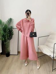 Women's Two Piece Pants Miyake 2023 Autumn Solid Colour Simple Lapel Top Folded Wide-legged Two-piece Loose Leisure Suit Women