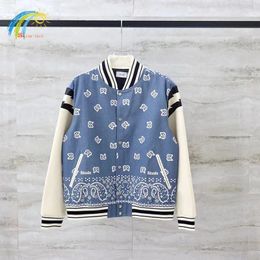 Men s Jackets Autumn Winter Heavy Fabric Blue Rhude Bomb Jacket Men Women Vintage Cashew Flower Coats Leather Sleeve Baseball 231101