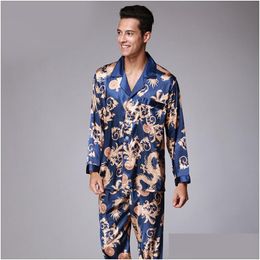 Men'S Sleepwear Mens Silk Satin Pajamas Pyjamas Set Sleepwear Sets Loungewear Dragon Printing Nightwear Couple 2Pc Tops And Pants Larg Dhihj