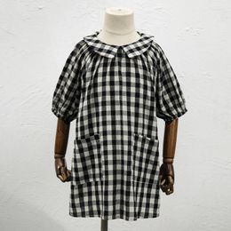 Girl Dresses Cotton Retro Black And White Plaid Girls' Dress Summer Children's Doll Collar Half-Sleeve Casual Loose Pockets