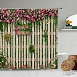 Shower Curtains Butterfly Flowers Shower Curtains Pink Rose Green Plants Wooden Spring Garden Scenery Bathroom Decor Bath Curtain R231101