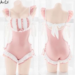 Ani Kawaii Girl Pink Waist Hollow Bodysuit Swimsuit Uniform Costumes Women Anime Flounces Swimwear Outfit Cosplay