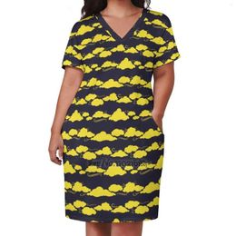 Casual Dresses Yellow Clouds Design Print Dress Short Sleeve V-Neck Fashion Skirt Thin Skirts Cloud Navy