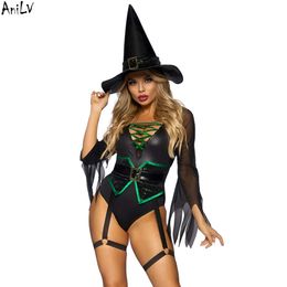 Ani New Halloween 2023 Women Witch Riding A Broom Jumpsuit Uniform Magic Bodysuit Hat Belt Outfits Set Cosplay Costumes cosplay