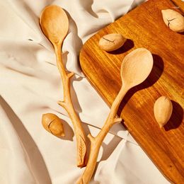 Spoons Creative Japanese Style Beech Branch Shape Long Handle Scoop Coffee Stirring Spoon Soup Tableware Wooden