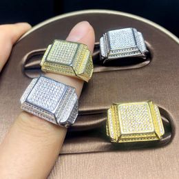 Wedding Rings Iced Out Square Ring for Men Gold Silver Plated Luxury Cubic Zirconia Crystal Paved Wide Band Hip Hop Jewelry 231101