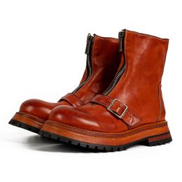 Real Lather Men Outdoor Boots Vintage Man Jumbo Boot Buckle Men's Work Boots With Zipper