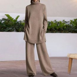 Women's Two Piece Pants Women Half Turtleneck Pleated Pullover And Wide Leg Pants Knitted Sets Winter Female Warm Sweater Suits Casual Trousers Outfits 231031