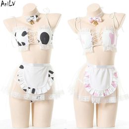 Ani Anime Girl Cow Maid Unifrom Chain Bikini Swimsuit with Chest Pad Women Love Hollow Pamas Outfits Costumes Cosplay cosplay