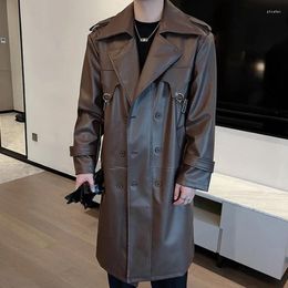 Men's Trench Coats Korean Slim-fit Pu Leather Jacket Trendy Retro Fur Men Autumn Coat Mid- Long Length