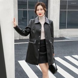 Women's Leather Women Spring Autumn Jacket 2023 Fashion Turn Collar Single Breasted Patchwork Female Trench Casual Oversize Coat