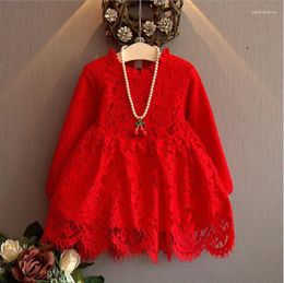 Girl Dresses 2023 Kids Fashion Style Lantern Sleeve Autumn Girls Wrinkled Collar Lace Dress Children Clothes Red 2-7 Year 5207