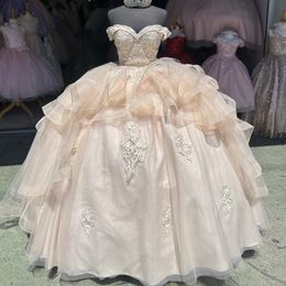 2024 Champagne Shiny Sweetheart Quinceanera Dress Appliques Lace Tull Off the Shoulder Ball Gowns Vestidos De 15 Anos