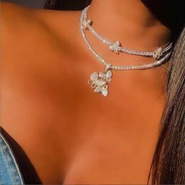 Choker Top Quality Iced Out Bling Women Jewellery Rose Pink Colour 5A Cubic Zirconia 5mm Cz Tennis Chain Butterfly Charm Necklace Chokers