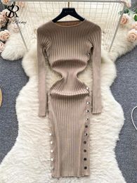 Casual Dresses SINGREINY Autumn Women Knitted Midi Dress O Neck Long Sleeved Sequined Button Design Temperament Vintage Senior Sexy Slim