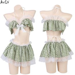 Ani Cute Student Plaid Maid Temperament Uniform Cosplay Women Off Shoulder Lace Pamas Outfit Costumes cosplay