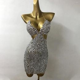 Stage Wear Customised Women's Luxury Clothing Sexy Short Crystal Beaded Diamond Ball Dress Cut-out Backless