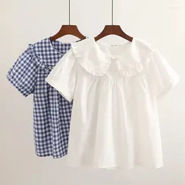 Women's Blouses Japanese Fresh Mori Girl Lace Doll Collar Plaid Short-Sleeved Shirt Top