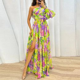 Casual Dresses Boho Floral Print Party Dress Women Vestido Elegant Fashion One-Shoulder Holiday Fairy Sexy Slim Pleated A-Line Maxi