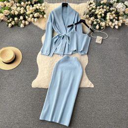 Work Dresses Women Knit Three Pieces Skirt Sets Long Sleeve V Neck Cardigan And Camisole With High Waist Hip Wrap