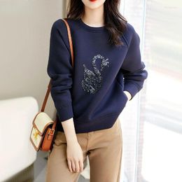 Women's T Shirts Pullovers Loose Solid Patchwork Embroidery Round Neck Fashion Casual Temperament T-Shirts Autumn Winter Clothing N128