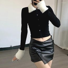 Women's T Shirts Autumn Winter Fashion Women Crop Tops Black Fur Patchwork Long Sleeve Button Down Lapel Collar Slim T-shirts Streetwear