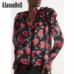 Women's Blouses 8.23 KlasonBell Temperament Elegant Rose Print 3D Flower Decoration V-Neck Long Sleeve Shirt Women Blouse
